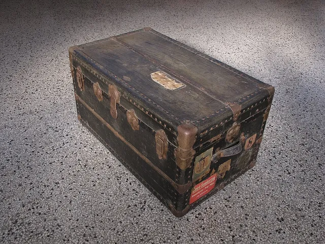 Steamer trunk with travel labels
